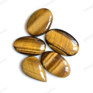 Gele cabochon met tijgeroog 27-32 mm, ongeveer, mix van vorm en maat 5 stuks zoals op foto, tijgeroogbescherming edelsteen kristal 84134