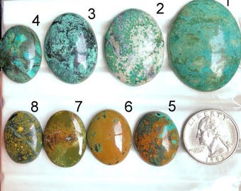 May include: An assortment of eight oval-shaped turquoise gemstones with varying patterns and colors, ranging from deep teal to olive green and brown. A US quarter is included for size comparison. The gemstones are displayed on a white surface.