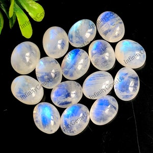 Natural Rainbow Moonstone Cabochon, 7x9mm Oval Shape Loose Gemstone, 10pcs Pack Good Quality Rainbow Stone With Flat Back For Jewelry Making