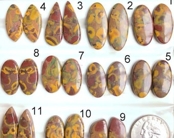 Orecchini in diaspro di frutta selezionato, coppia di cabochon, pietre semipreziose naturali per gioielli, orecchini in diaspro, pietre preziose sfuse per pendenti.