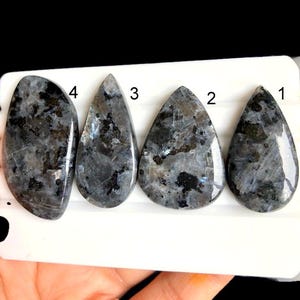 Pode incluir: Quatro pedras polidas em forma de gota com um padrão manchado cinza e preto, dispostas num cartão branco. Cada pedra está numerada de um a quatro em texto preto, exibindo uma superfície lisa e reflexiva com inclusões minerais visíveis.