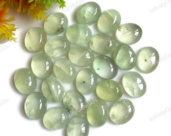 Natural Prehnite Oval Shape Cabochons 8x10mm, 10pcs Pack Green Prehnite Hand Polished Loose Gemstone For Jewelry Making, Natural Gemstone