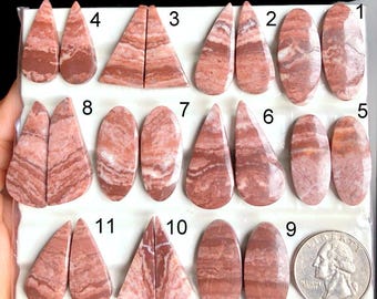 Puede incluir: Una colección de once pares de piedras preciosas pulidas en varias formas, incluyendo gotas, triángulos y óvalos. Las piedras muestran un patrón de bandas marrón rojizo y crema. Se incluye una moneda para referencia de tamaño.