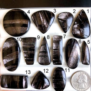 Puede incluir: Una colección de trece piedras preciosas de obsidiana negra pulida, en diversas formas, incluyendo lágrimas, óvalos y triángulos. Las piedras muestran un brillo metálico reflectante con patrones lineales. Se incluye una moneda para referencia de tamaño.