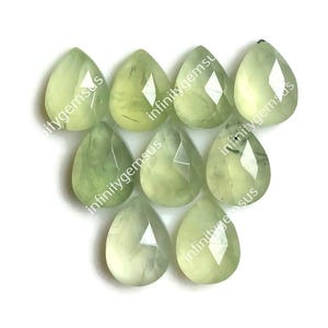 Piedra preciosa de prehnita facetada de 10 x 14 mm, paquete de 9 piezas de joyería con parte posterior plana en forma de pera, cristal de prehnita de corte rosa, piedra preciosa suelta famosa para joyería