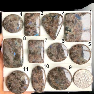 Cabujón de larvikita marrón seleccionado, piedra semipreciosa natural para joyería, cristal protector, forma y calidad increíbles. Lote A39.