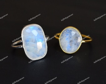 Rainbow Moonstone Ring, Gold Ring, 95 Sterling Silver Ring Gemstone Ring, Bezel Ring, Rose Cut Gemstone, Unique Gift for Her