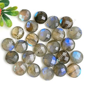 Cabochon di pietra preziosa sfaccettata Laradorite fuoco blu, forma rotonda 9 x 9 mm, confezione da 10 pezzi con retro piatto, pietra preziosa curativa da utilizzare per la creazione di orecchini