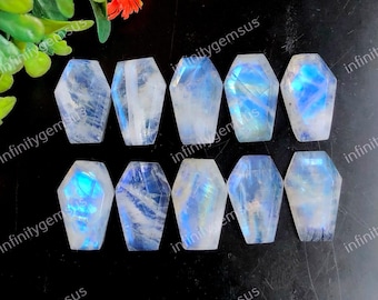 Rainbow Moonstone 10x16mm Coffin Shape Gemstone, 10 Pieces Lot Natural Moonstone Step Cut Flat Back Gemstone For Jewelry Making