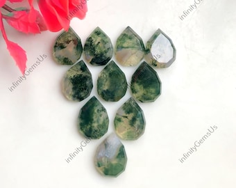 Moss Agate Faceted Pear, 12x16mm Step Cut Pear Shape Gemstone Lot, Natural Semi Precious Gemstone For Jewelry Making, Healing Crystal