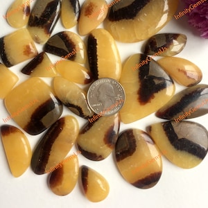 Cabochão Septariano Amarelo Lote de Atacado, Misture Formas e Tamanhos, Cabochão Septariano Amarelo Natural Use para Fazer Pingentes, Pedra Preciosa Feita à Mão