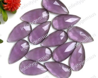 Amethist 10 x 20 mm peervormige edelsteen, gekalibreerd, verpakking van 10 stuks, roosgeslepen amethist met platte achterkant, losse edelsteen voor het maken van sieraden, gefacetteerde edelstenen