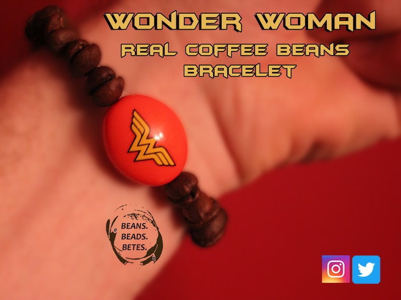 Wonder Woman and Real Coffee Bean Bead Bracelet Coffee Jewelry Coffee Gift Coffee Bracelet DC Comics Wonder Woman Lover Gift