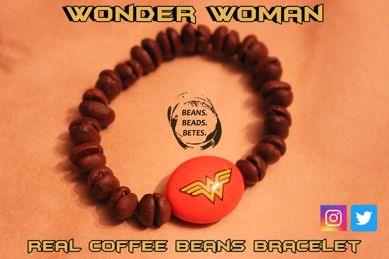 Wonder Woman and Real Coffee Bean Bead Bracelet Coffee Jewelry Coffee Gift Coffee Bracelet DC Comics Wonder Woman Lover Gift