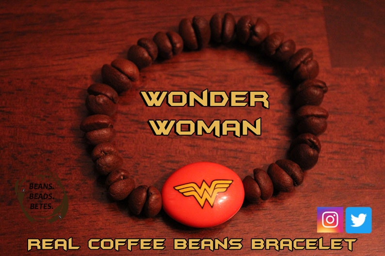 Wonder Woman and Real Coffee Bean Bead Bracelet Coffee Jewelry Coffee Gift Coffee Bracelet DC Comics Wonder Woman Lover Gift