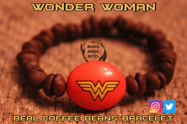 Wonder Woman and Real Coffee Bean Bead Bracelet Coffee Jewelry Coffee Gift Coffee Bracelet DC Comics Wonder Woman Lover Gift