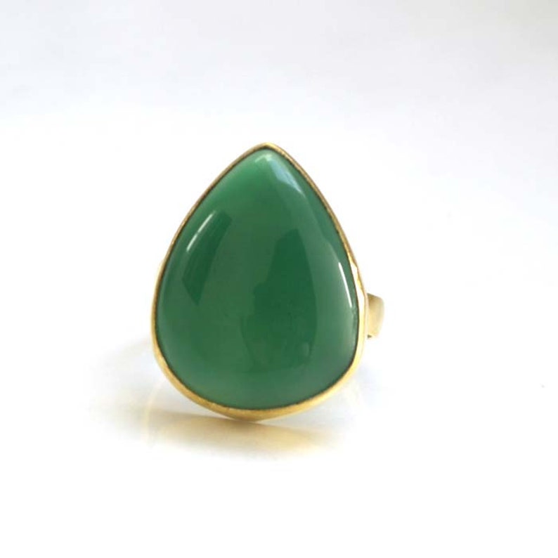 Yellow Gold on Sterling Silver Ring Pear Onyx Ring Natural Green Onyx Gemstone Ring Handmade Classic Ring Onyx Birthstone Gift Ring