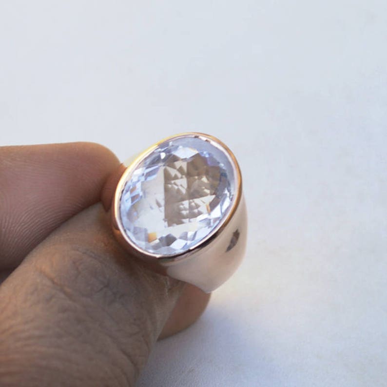 Clear Rock Crystal Gemstone Ring Birthstone Men/'s Gift Ring 18K Rose Gold Over Sterling Silver Ring Large Faceted Crystal Bezel Ring