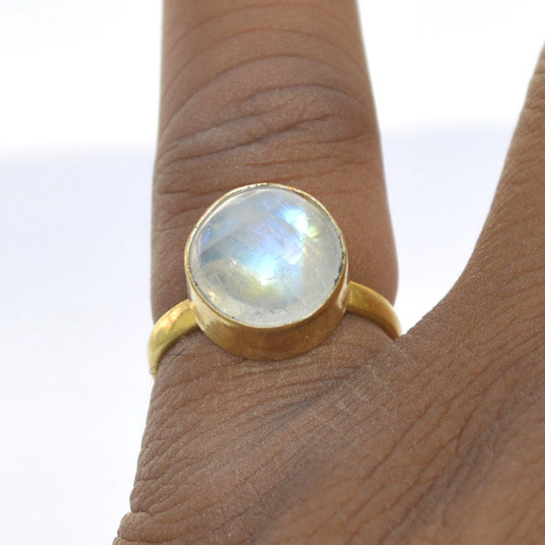 Gift Ring June Birthstone Gift Ring Natural Round Rainbow Moonstone Gemstone Ring Yellow Gold on Sterling Silver Ring Moonstone Ring