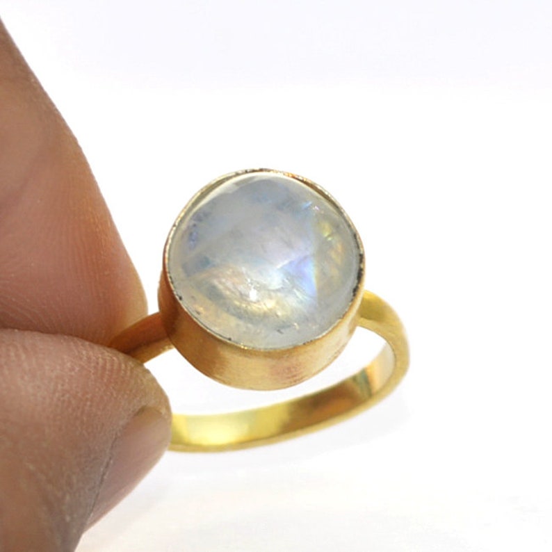 Gift Ring June Birthstone Gift Ring Natural Round Rainbow Moonstone Gemstone Ring Yellow Gold on Sterling Silver Ring Moonstone Ring