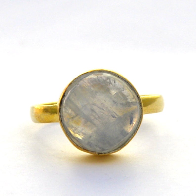 Gift Ring June Birthstone Gift Ring Natural Round Rainbow Moonstone Gemstone Ring Yellow Gold on Sterling Silver Ring Moonstone Ring