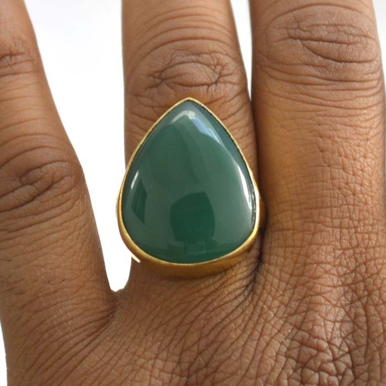 Yellow Gold on Sterling Silver Ring Pear Onyx Ring Natural Green Onyx Gemstone Ring Handmade Classic Ring Onyx Birthstone Gift Ring