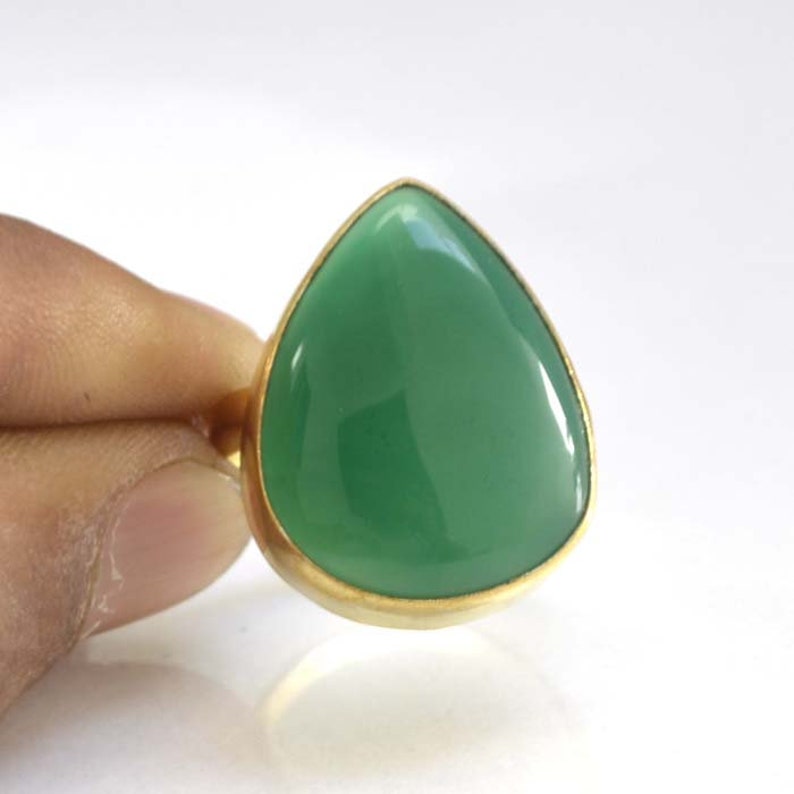 Yellow Gold on Sterling Silver Ring Pear Onyx Ring Natural Green Onyx Gemstone Ring Handmade Classic Ring Onyx Birthstone Gift Ring