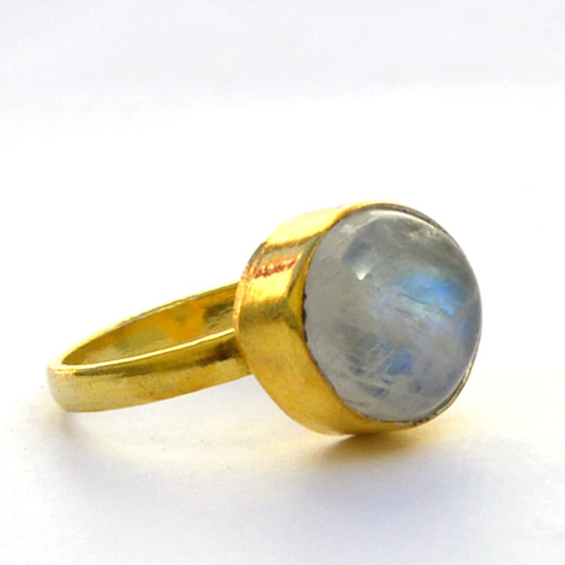 Gift Ring June Birthstone Gift Ring Natural Round Rainbow Moonstone Gemstone Ring Yellow Gold on Sterling Silver Ring Moonstone Ring