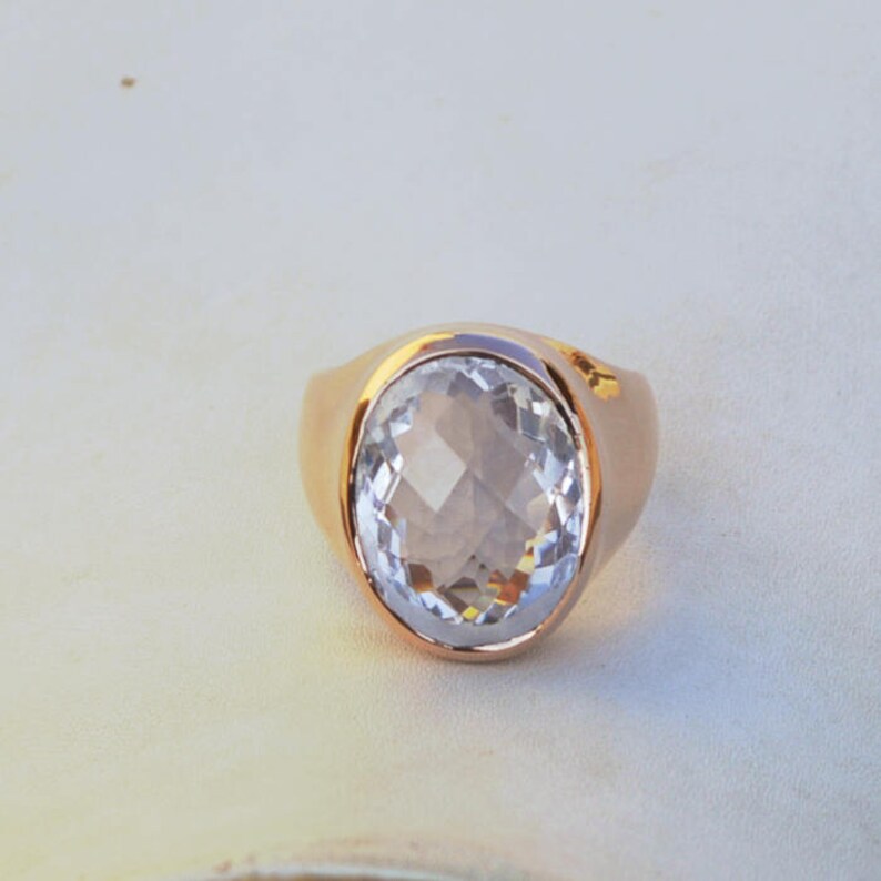 Clear Rock Crystal Gemstone Ring Birthstone Men/'s Gift Ring 18K Rose Gold Over Sterling Silver Ring Large Faceted Crystal Bezel Ring