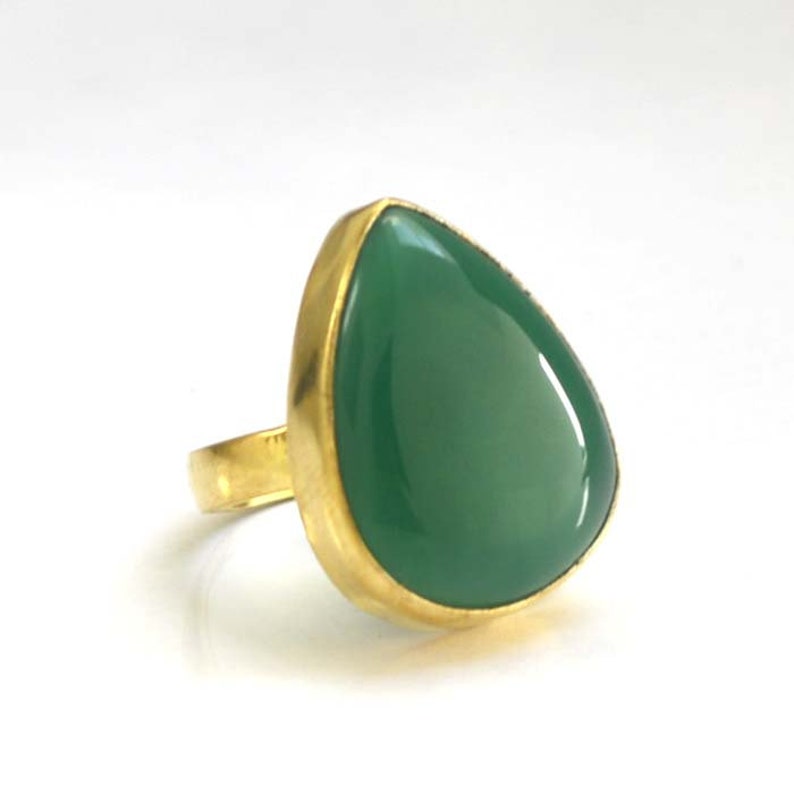 Yellow Gold on Sterling Silver Ring Pear Onyx Ring Natural Green Onyx Gemstone Ring Handmade Classic Ring Onyx Birthstone Gift Ring