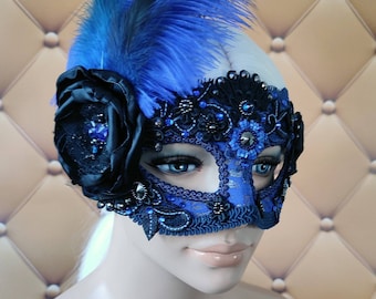 Royal Blue Masquerade Mask: Feathered Venetian Carnival Mask