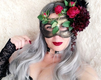 Masquerade Mask, Flower Halloween Mask, Women's Mask, Red rose Mask, Burlesque show Mask, Cosplay mask