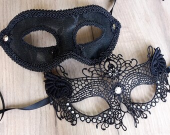 His and her's masquerade mask set Couples masquerade mask Black carnival masks Black masquerade masks Halloween masks Mardi gras masks Prom