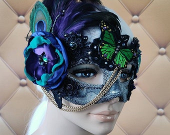 Maskeradmask med påfågelfjäder: Fjäril med strass, Mardi Gras-bal