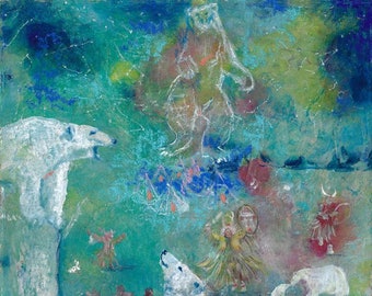 Polar bear dance... Art print on linen canvas 30x30cm