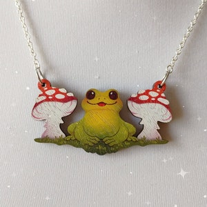 Mushroom Frog Statement Wooden Necklace | Kitsch Cottagecore Rockabilly Recycled Fun Jewellery