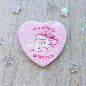 Bunny In a World of my Own Mushroom Hat Kawaii Holographic Tin Badge image 1