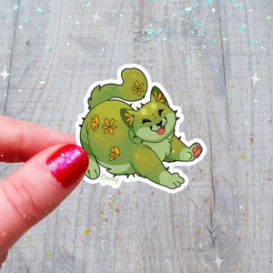 Pegatina holográfica de cactus y gato, bonita pegatina holográfica kawaii con arcoíris, críptica, DnD