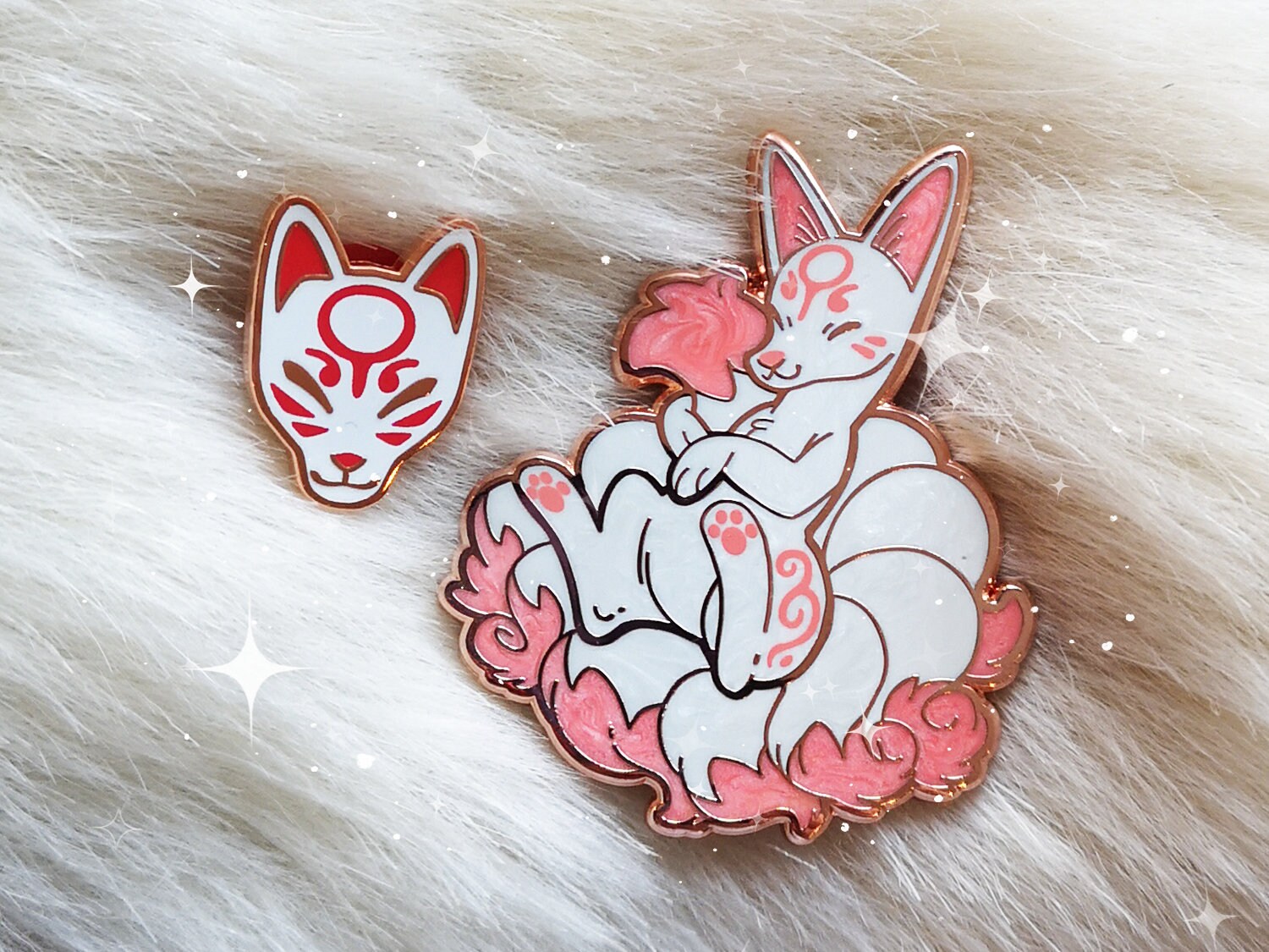 Kitsune Nine Tail Fox and Mask Hard Enamel Cute Pin Set Etsy