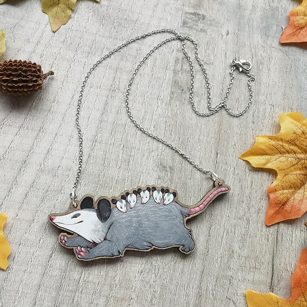 Possum Statement Wooden Necklace | Kitsch Cottagecore Rockabilly Recycled Fun Trash Panda Jewellery Opossum