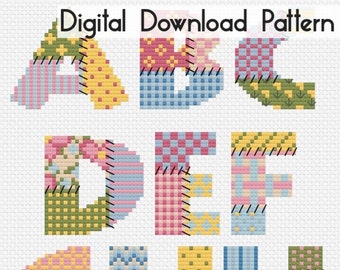 Patrón de punto de cruz con alfabeto patchwork para descargar digitalmente