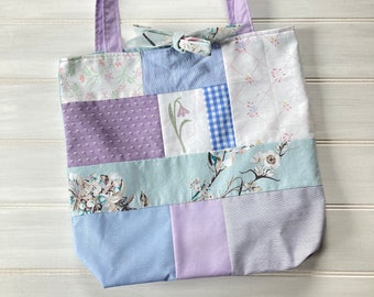 Lilac Patchwork Upcycled Tote Bag with tie top