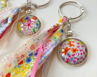 Floral Fabric Tassel Keyring, Bag charm, Scissor Fob, Planner charm