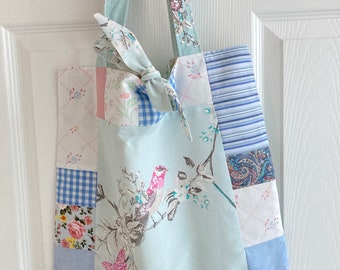 Pretty Patchwork Bird Upcycled Tote Bag with tie top