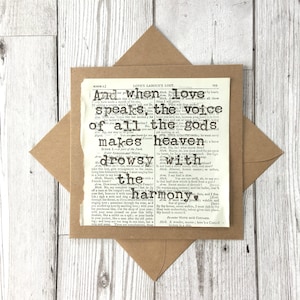 May include: A vintage book page with a quote about love and harmony. The text reads "And when love speaks, the voice of all the gods makes heaven drowsy with harmony."