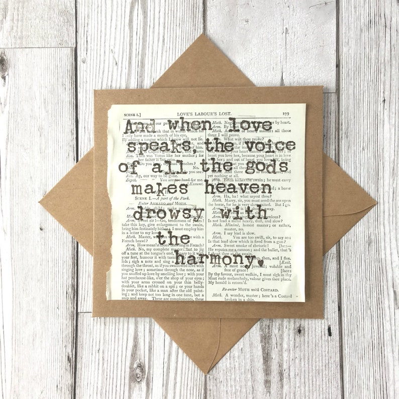May include: A vintage book page with a quote about love and harmony. The text reads "And when love speaks, the voice of all the gods makes heaven drowsy with harmony."