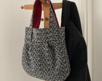 Black and White Tweed Fabric Handbag