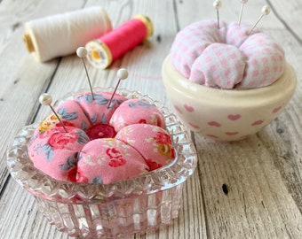 Pink Mini Pincushion, ceramic round pincushion, glass heart pincushion