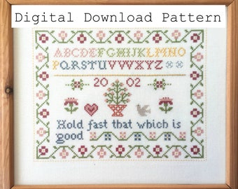 Patrón de descarga digital de muestrario de punto de cruz tradicional con versículo bíblico