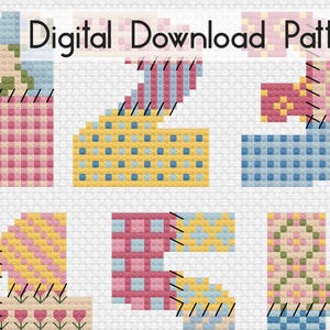 May include: Digital download cross-stitch pattern showing the numbers 1 to 6. Each number is made up of pastel-coloured cross-stitch patterns, including pink, blue, yellow, and green. The numbers are stitched on a white background.